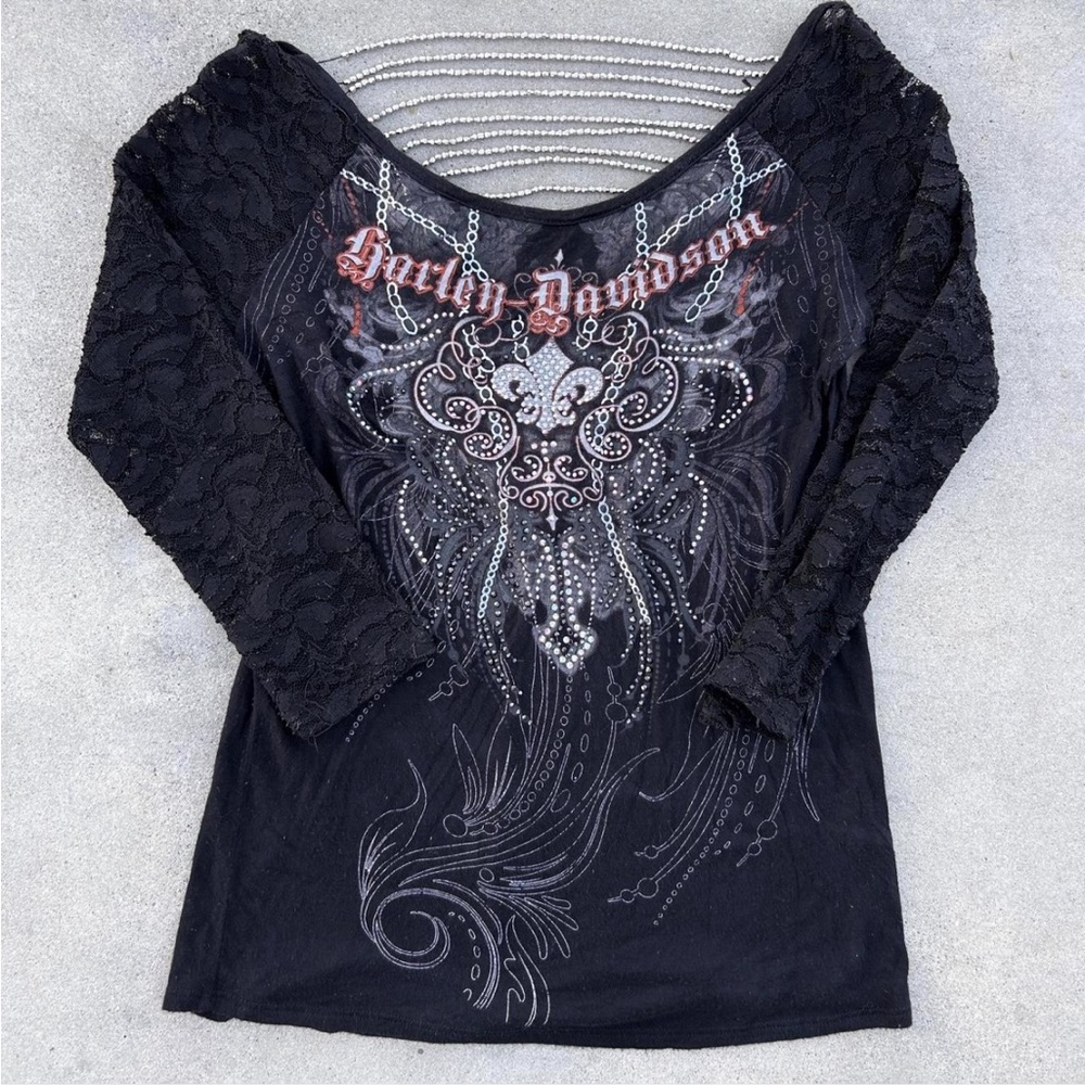 Harley-Davidson Black Lace Sleeve Graphic Blouse